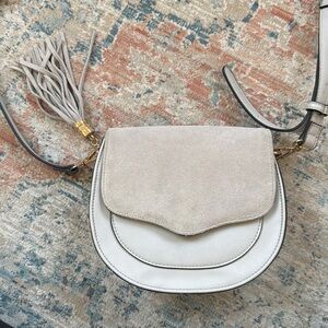 Gray faux leader and suede shoulder purse